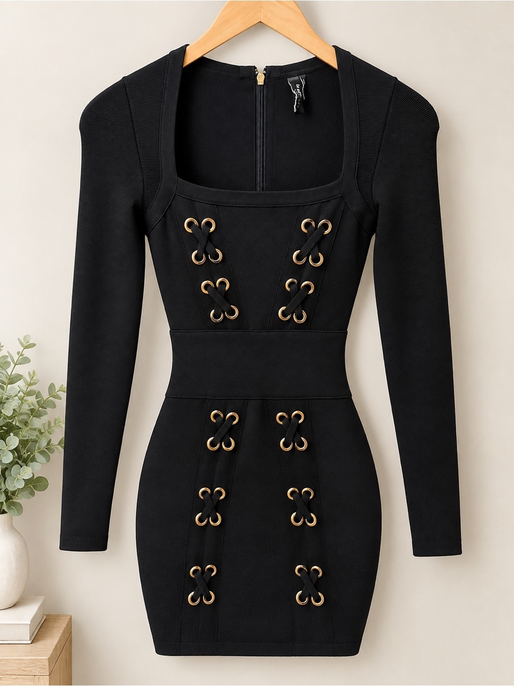 Marciano Black Long-Sleeve Lace-Up Bodycon Dress with Gold Eyelets
